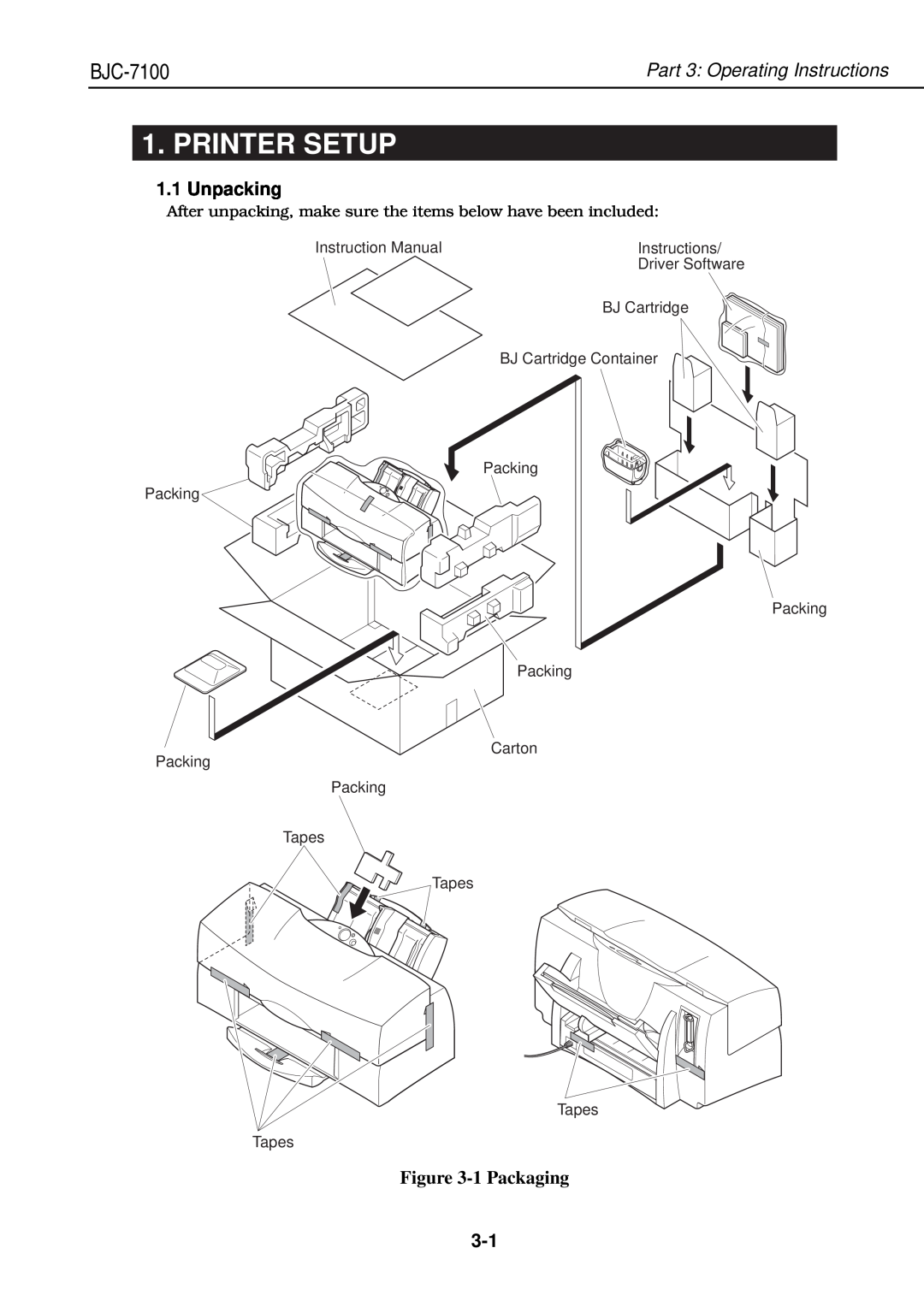 Canon QY8-1360-000 manual Printer Setup, Unpacking, 1 Packaging, BJC-7100, Part 3 Operating Instructions 