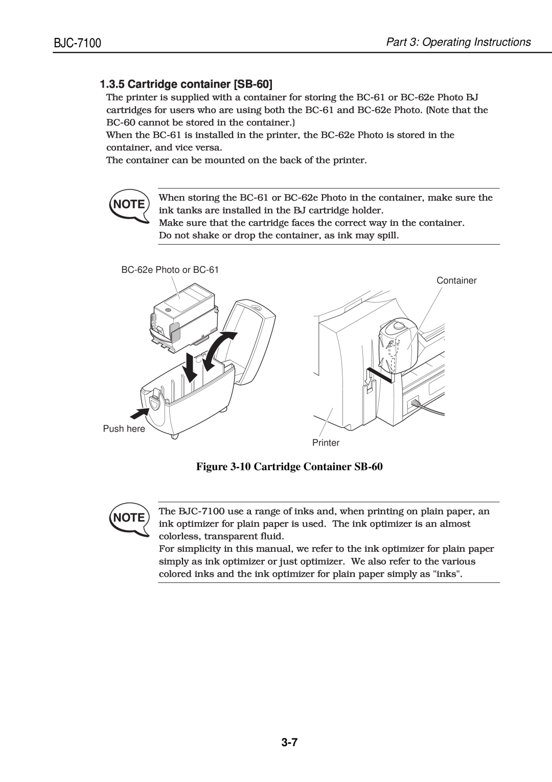 Canon QY8-1360-000 manual Cartridge container SB-60, 10 Cartridge Container SB-60, BJC-7100, Part 3 Operating Instructions 