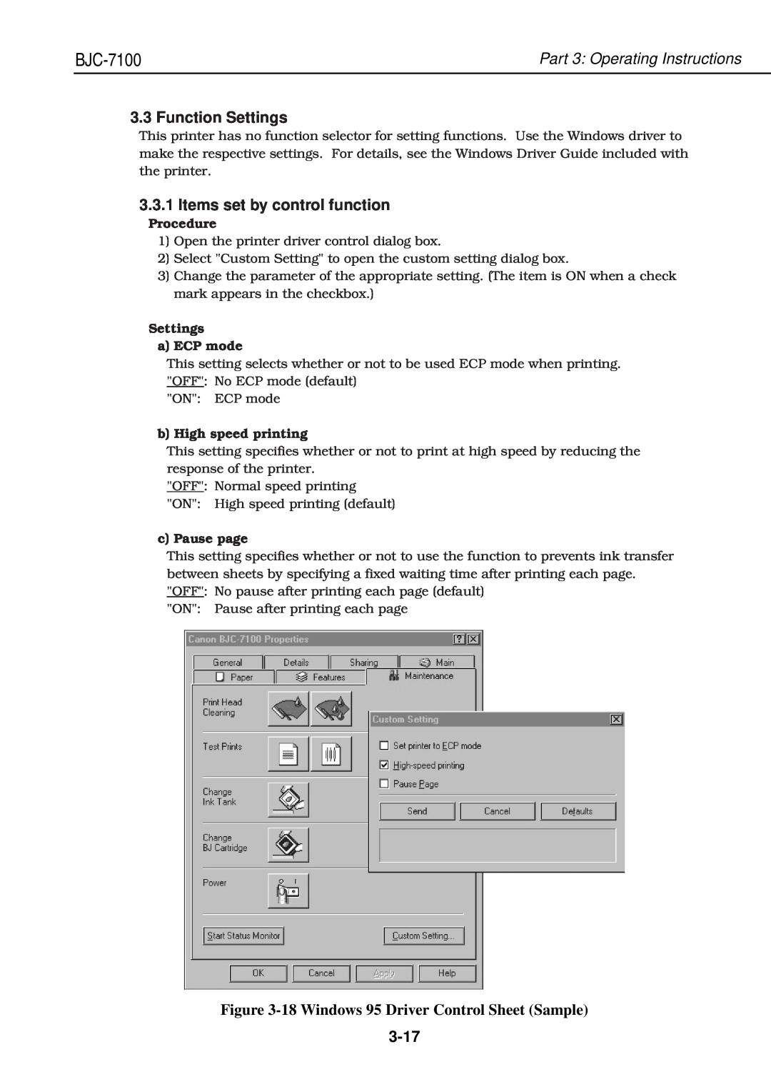 Canon QY8-1360-000 manual Function Settings, Items set by control function, 18 Windows 95 Driver Control Sheet Sample, 3-17 
