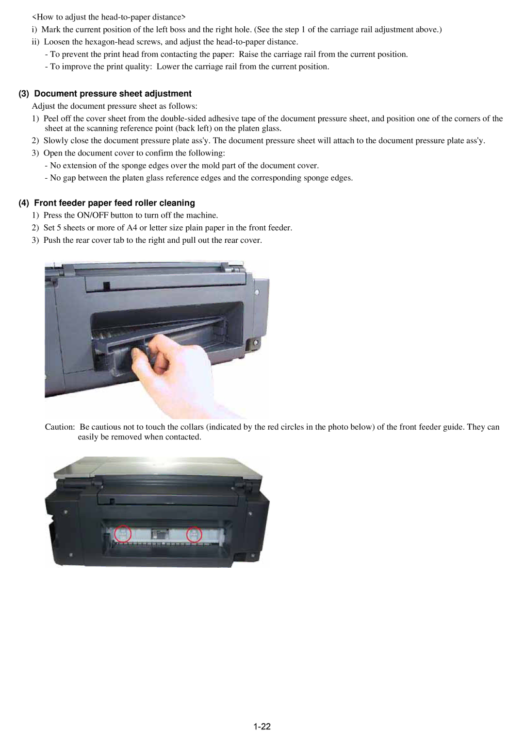 Canon qy8-13az-000 service manual Document pressure sheet adjustment, Front feeder paper feed roller cleaning 