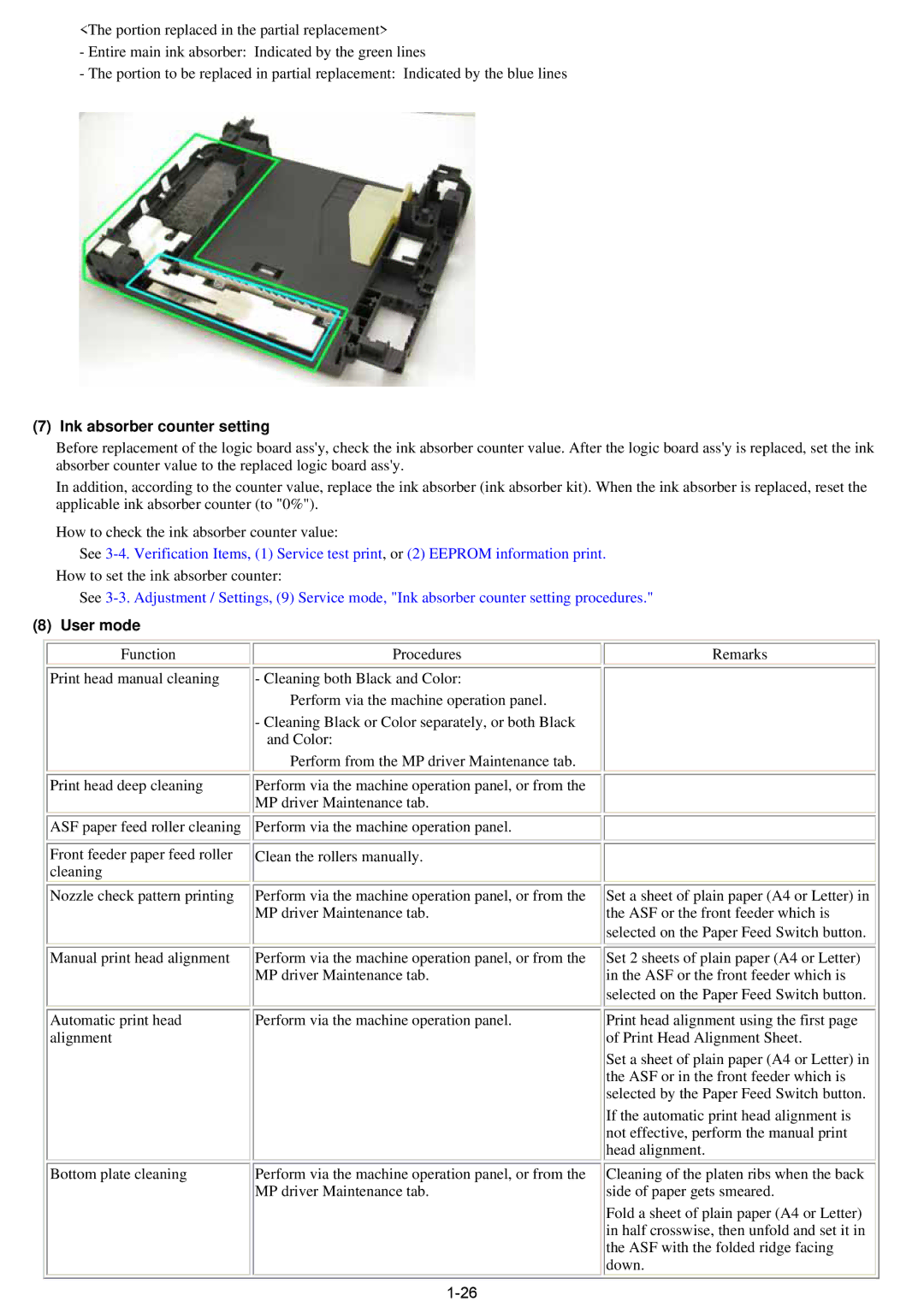 Canon qy8-13az-000 service manual Ink absorber counter setting, User mode 