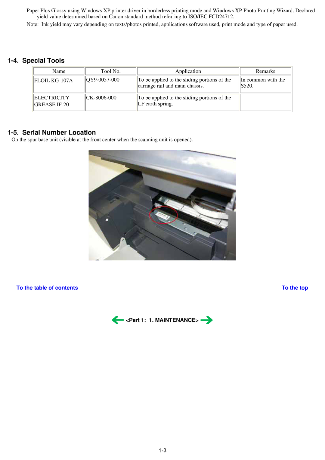 Canon qy8-13az-000 service manual Special Tools, Serial Number Location, Part 1 1. Maintenance 