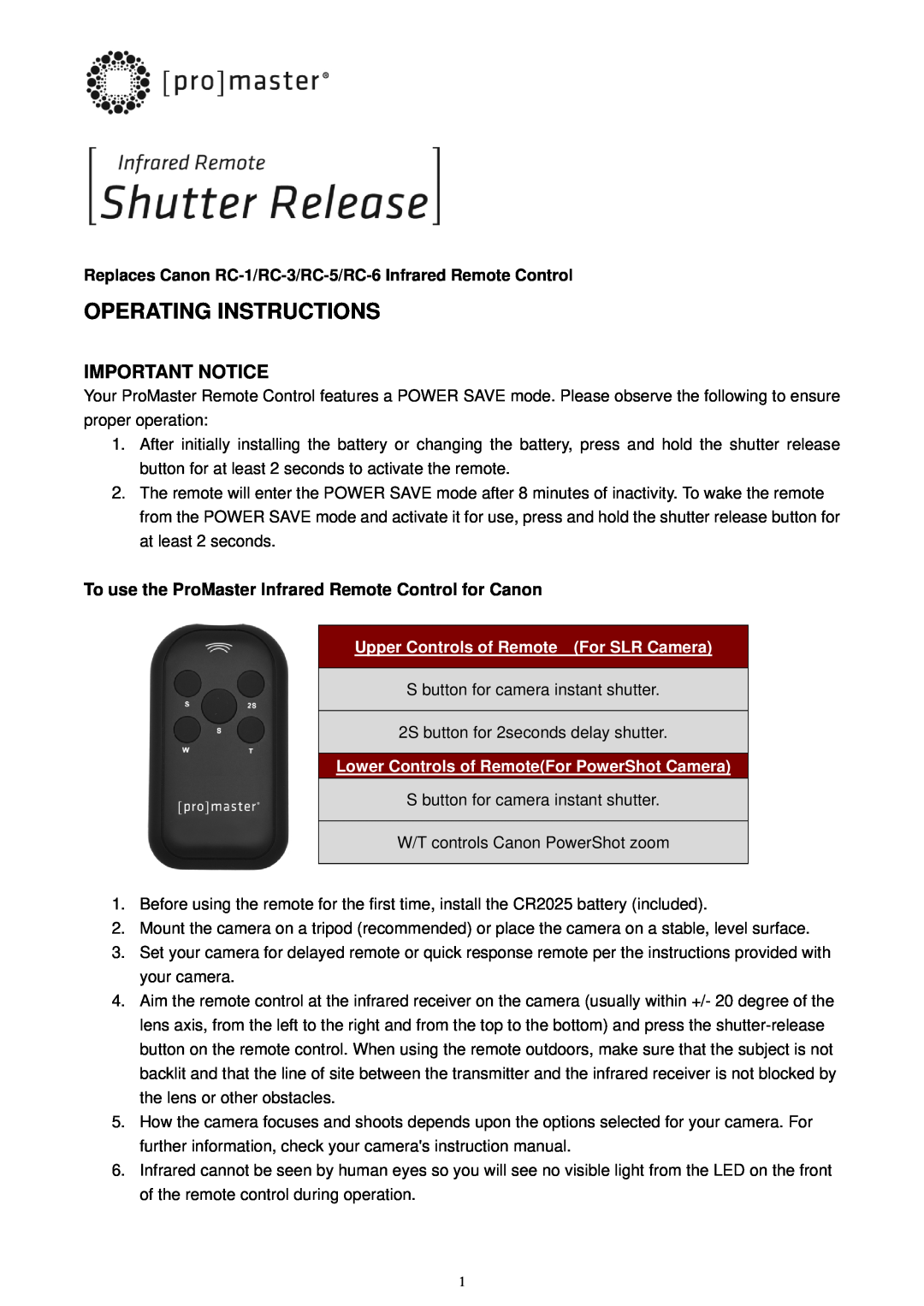 Canon RC-3, RC-6, 5, RC-1 instruction manual Important Notice, To use the ProMaster Infrared Remote Control for Canon 
