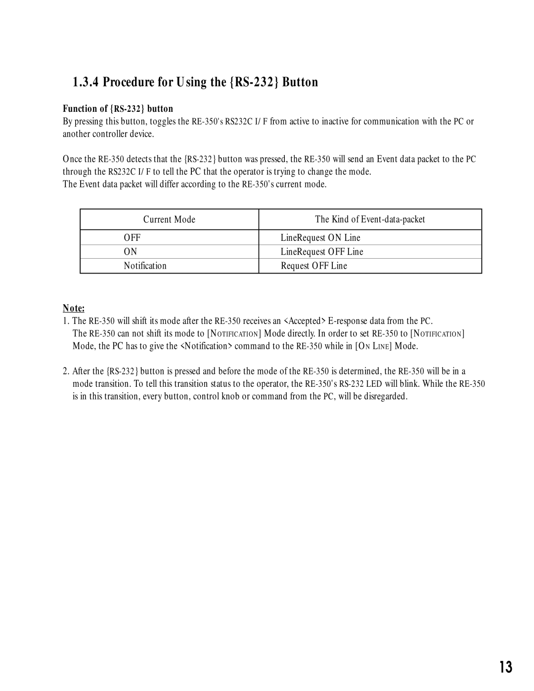 Canon RE-350 manual Function of RS-232 button, LineRequest on Line, LineRequest OFF Line 