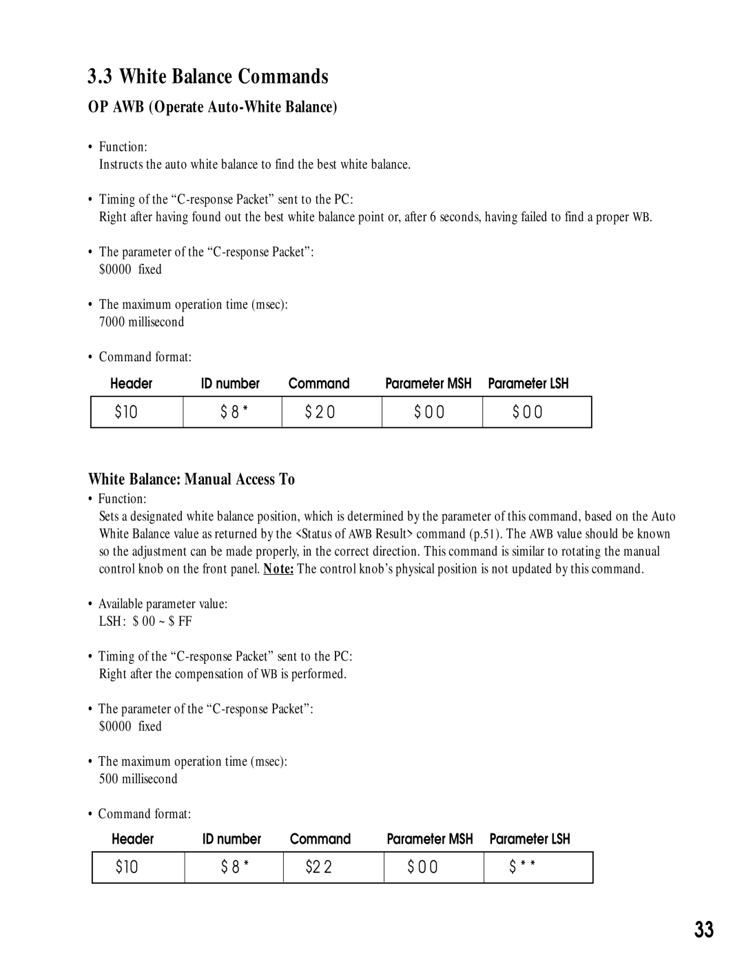 Canon RE-350 manual White Balance Commands, OP AWB Operate Auto-White Balance, $10 $ 2 $ 0, White Balance Manual Access To 