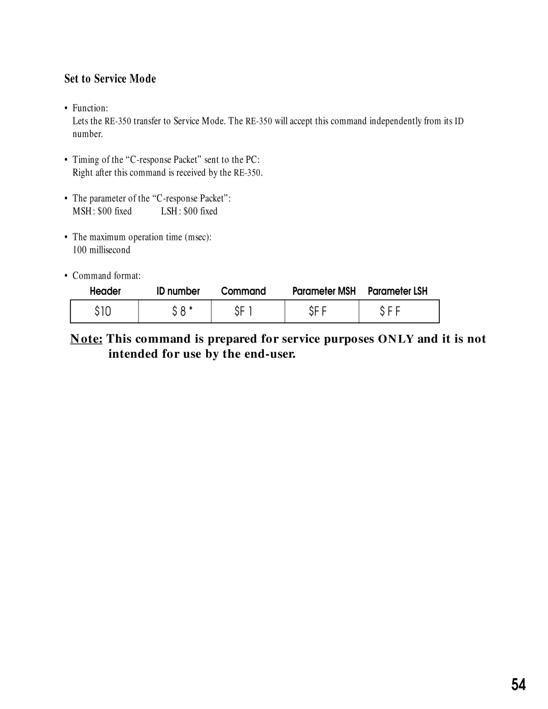 Canon RE-350 manual Set to Service Mode, $10 $F F $ F F 