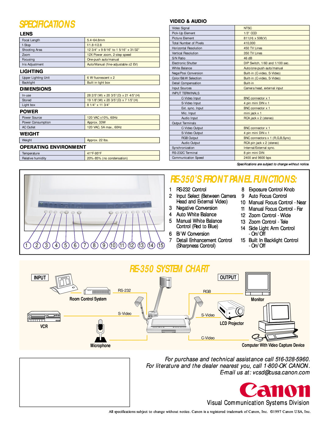 Canon Specifications, RE-350 SYSTEM CHART, RE-350’S FRONT PANEL FUNCTIONS, E-mail us at vcsd@cusa.canon.com, Input 