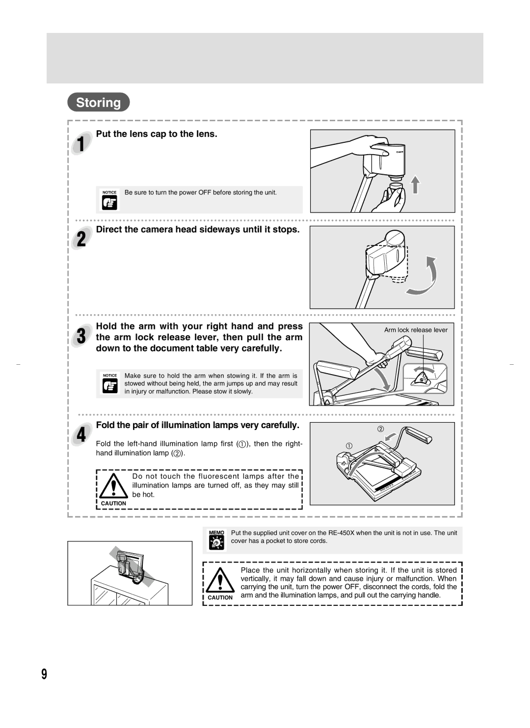 Canon RE-450X instruction manual Storing, Fold the pair of illumination lamps very carefully 