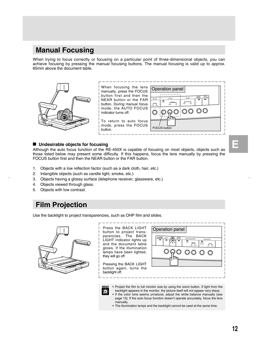 Canon RE-450X instruction manual Manual Focusing, Film Projection, Undesirable objects for focusing 