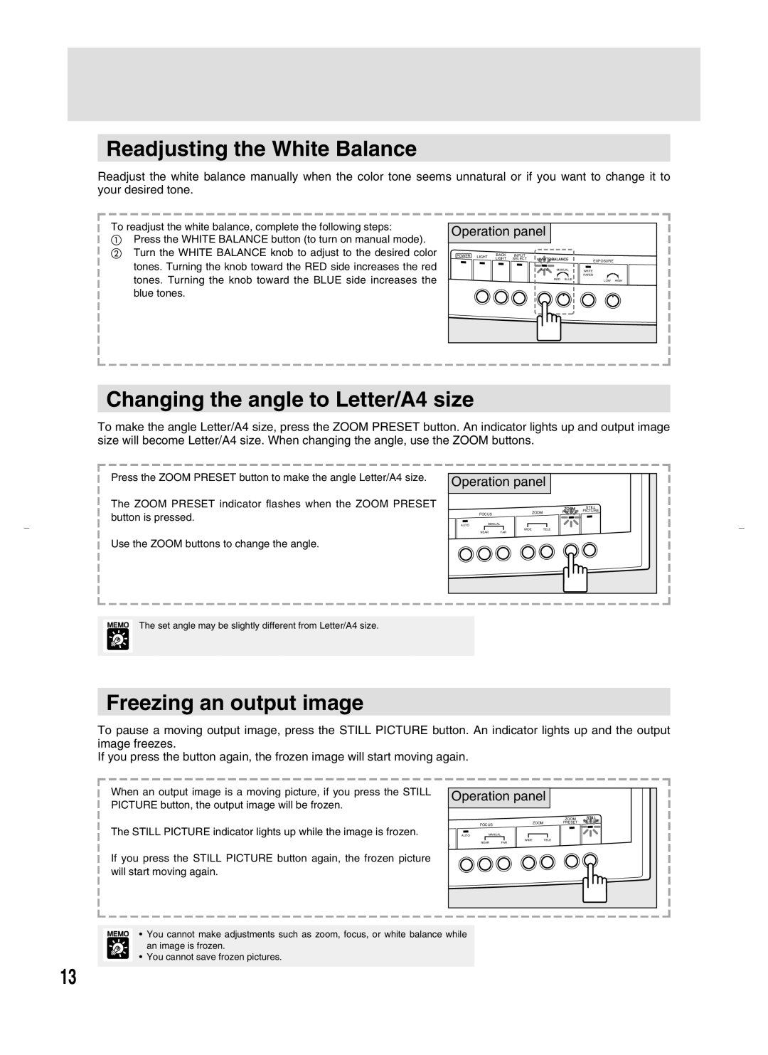 Canon RE-450X Readjusting the White Balance, Changing the angle to Letter/A4 size, Freezing an output image 