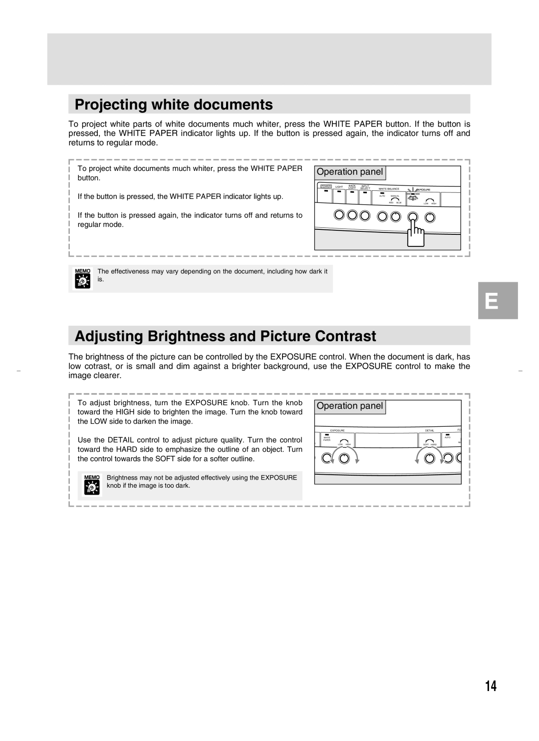 Canon RE-450X instruction manual Projecting white documents, Adjusting Brightness and Picture Contrast 