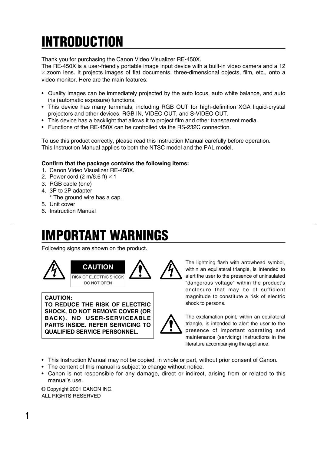 Canon RE-450X instruction manual Introduction, Important Warnings, Confirm that the package contains the following items 