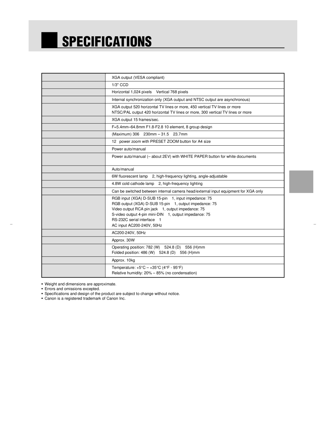 Canon RE-450X instruction manual Specifications, Resolution 