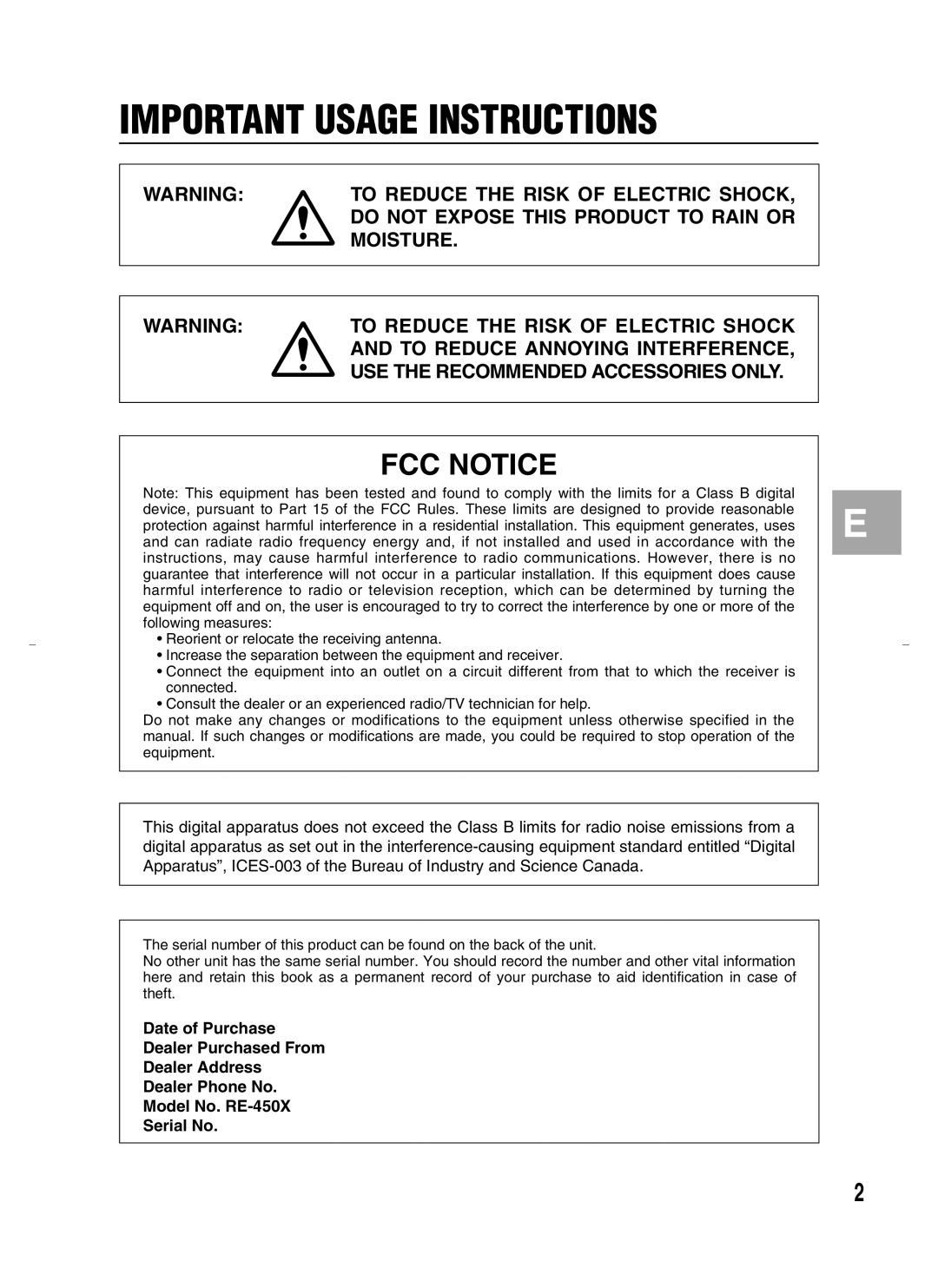 Canon RE-450X instruction manual Important Usage Instructions, FCC Notice 