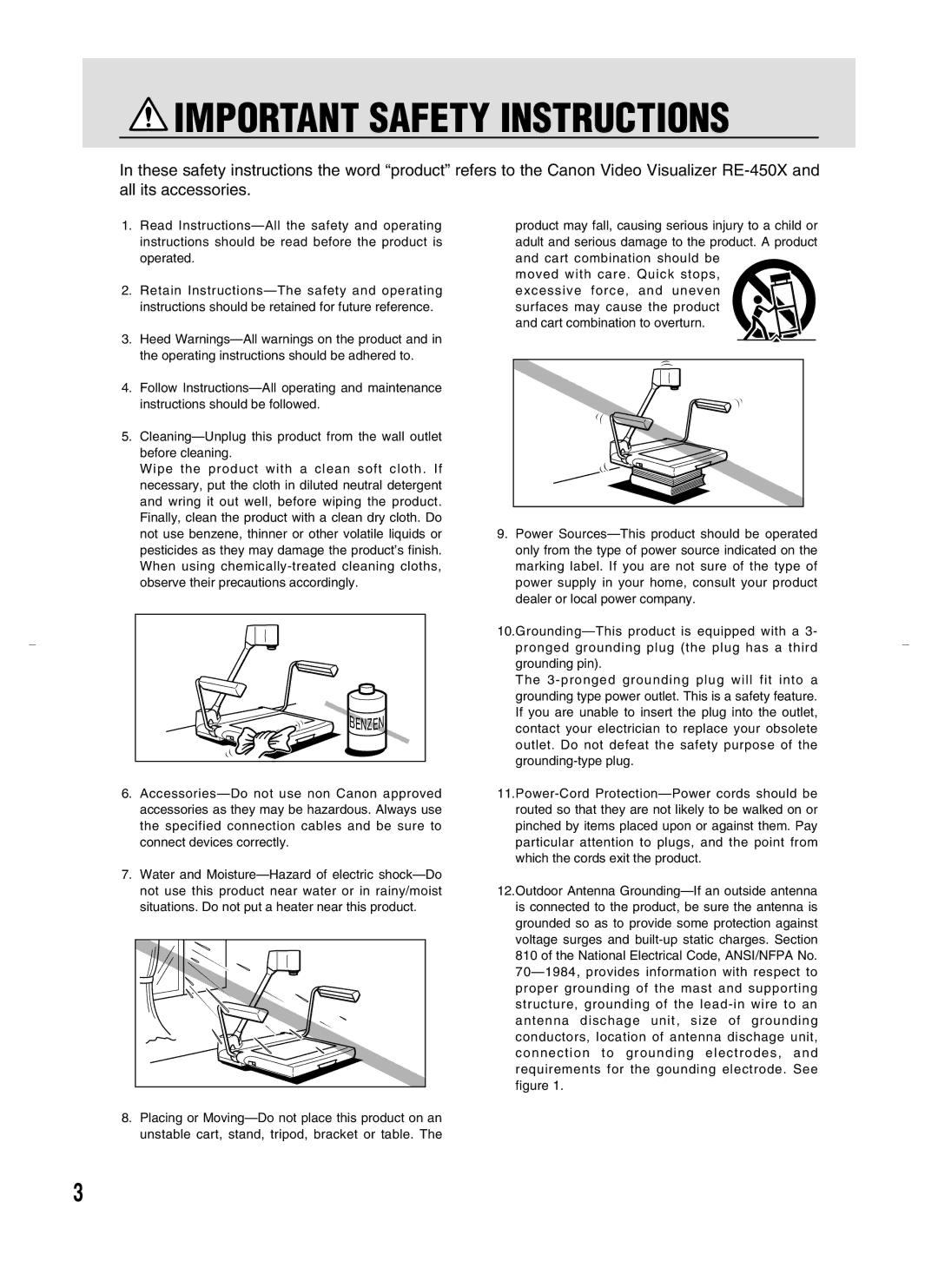 Canon RE-450X instruction manual Important Safety Instructions 