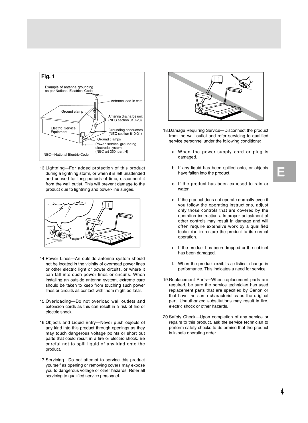 Canon RE-450X instruction manual Damage Requiring Service-Disconnect the product 