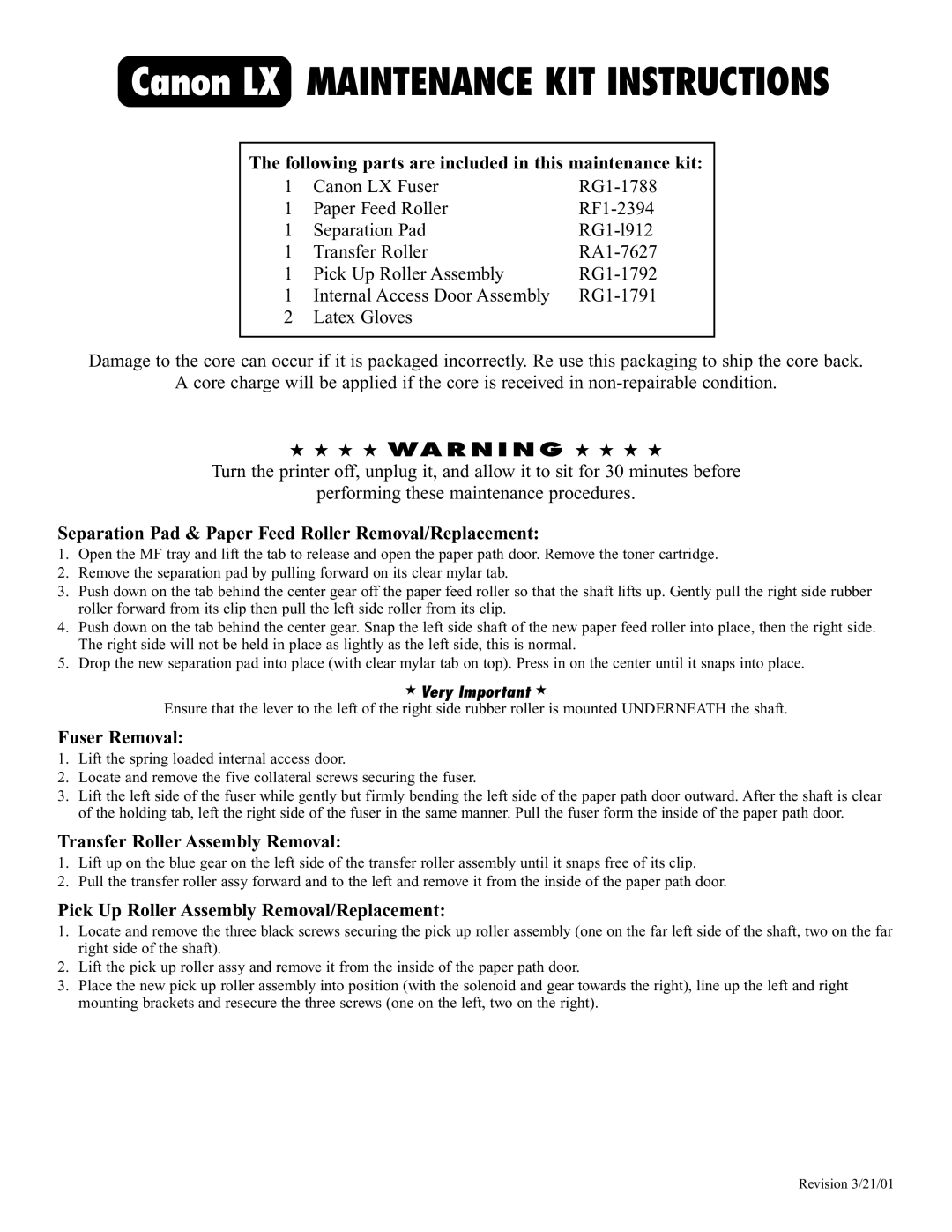 Canon RG1-1788 manual Following parts are included in this maintenance kit, Fuser Removal 