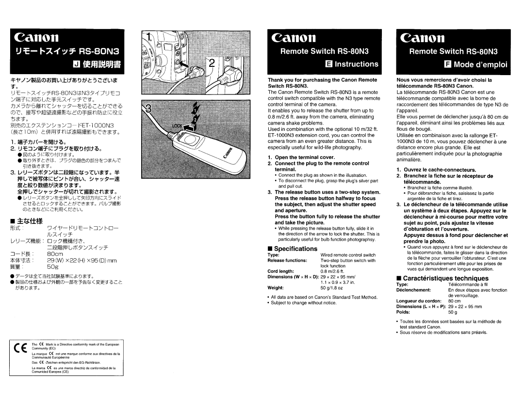 Canon specifications Remote Switch RS-80N3 §I Instructions, Remote Switch RS-80N3 GIl Mode demploi, 5if90 