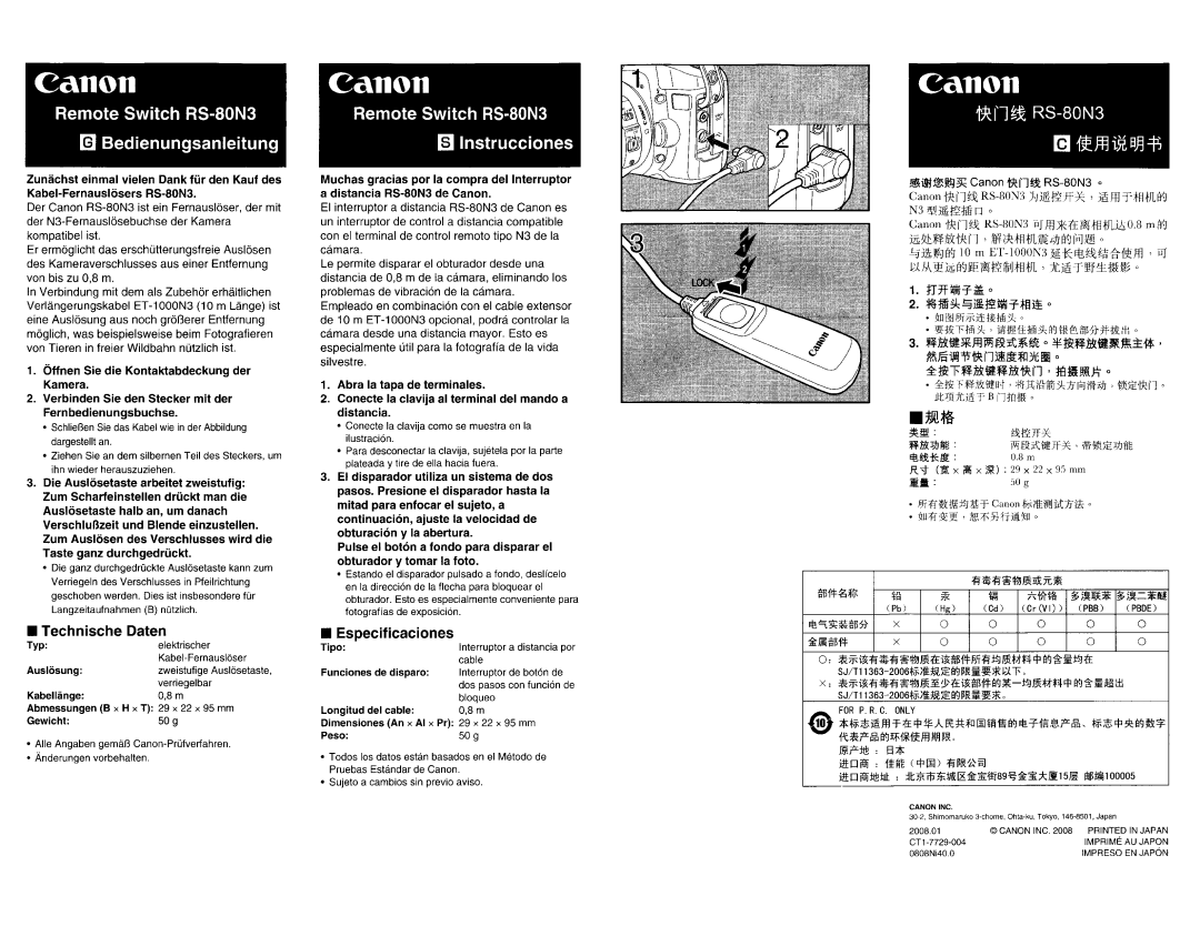 Canon Remote Switch RS-80N3 ~ Bedienungsanleitung, Remote Switch RS-80N3 §J Instrucciones, Technische Daten 