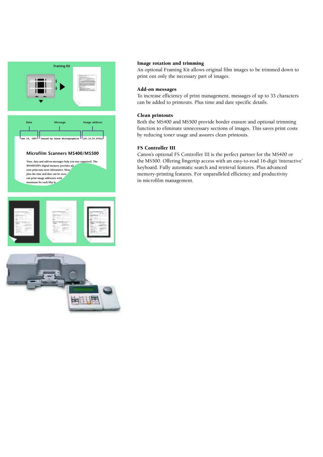 Canon S 400 MS 500 manual Image rotation and trimming, Add-on messages, Clean printouts, FS Controller 