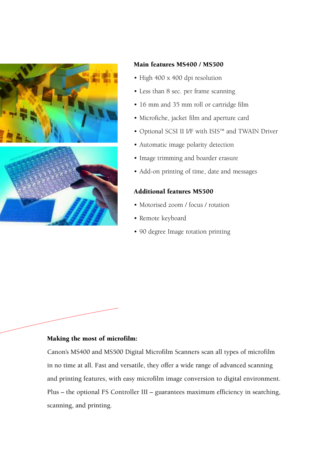 Canon S 400 MS 500 manual Main features MS400 / MS500, Additional features MS500, Making the most of microfilm 