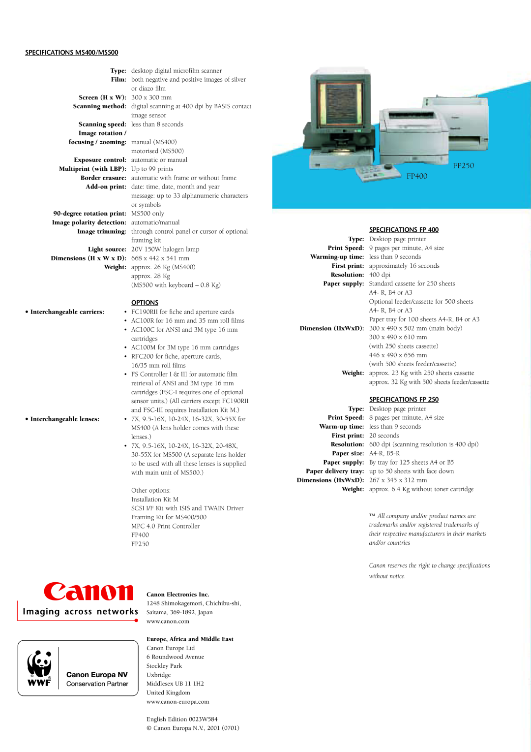 Canon S 400 MS 500 manual FP250 FP400, Options, Specifications Fp, All company and/or product names are, and/or countries 