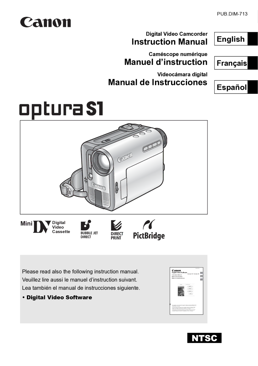 Canon S1 instruction manual English Français Español, Digital Video Camcorder Caméscope numérique, Videocámara digital 