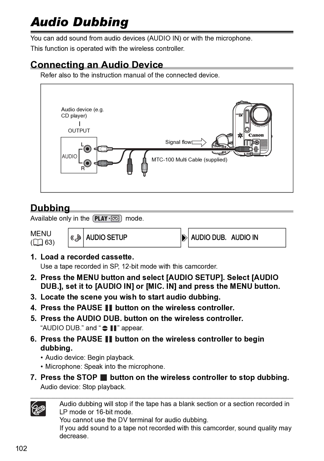 Canon S1 instruction manual Audio Dubbing, Connecting an Audio Device, Audio DUB. Audio 