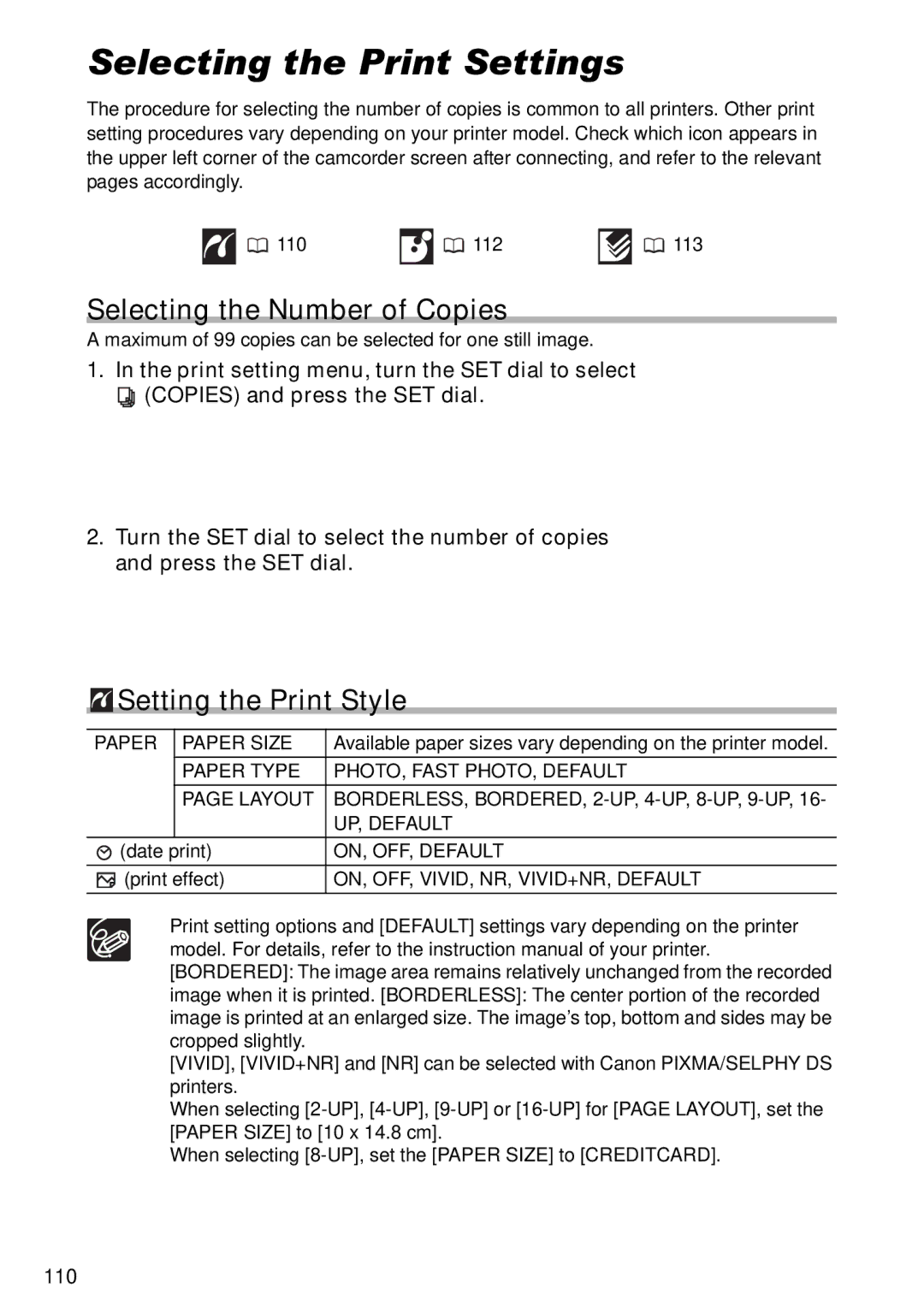 Canon S1 instruction manual Selecting the Print Settings, Selecting the Number of Copies, Setting the Print Style 
