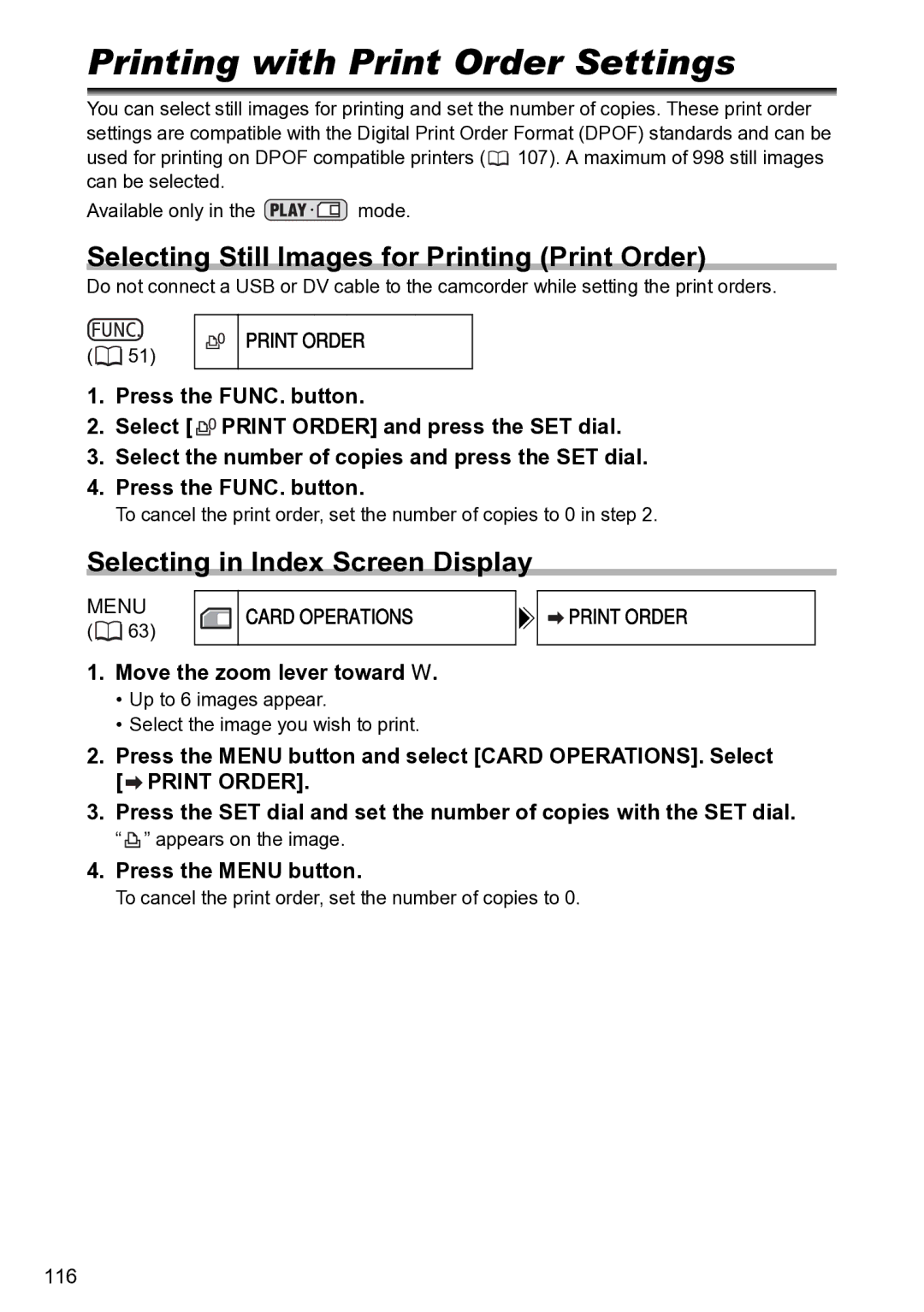 Canon S1 instruction manual Printing with Print Order Settings, Selecting Still Images for Printing Print Order 