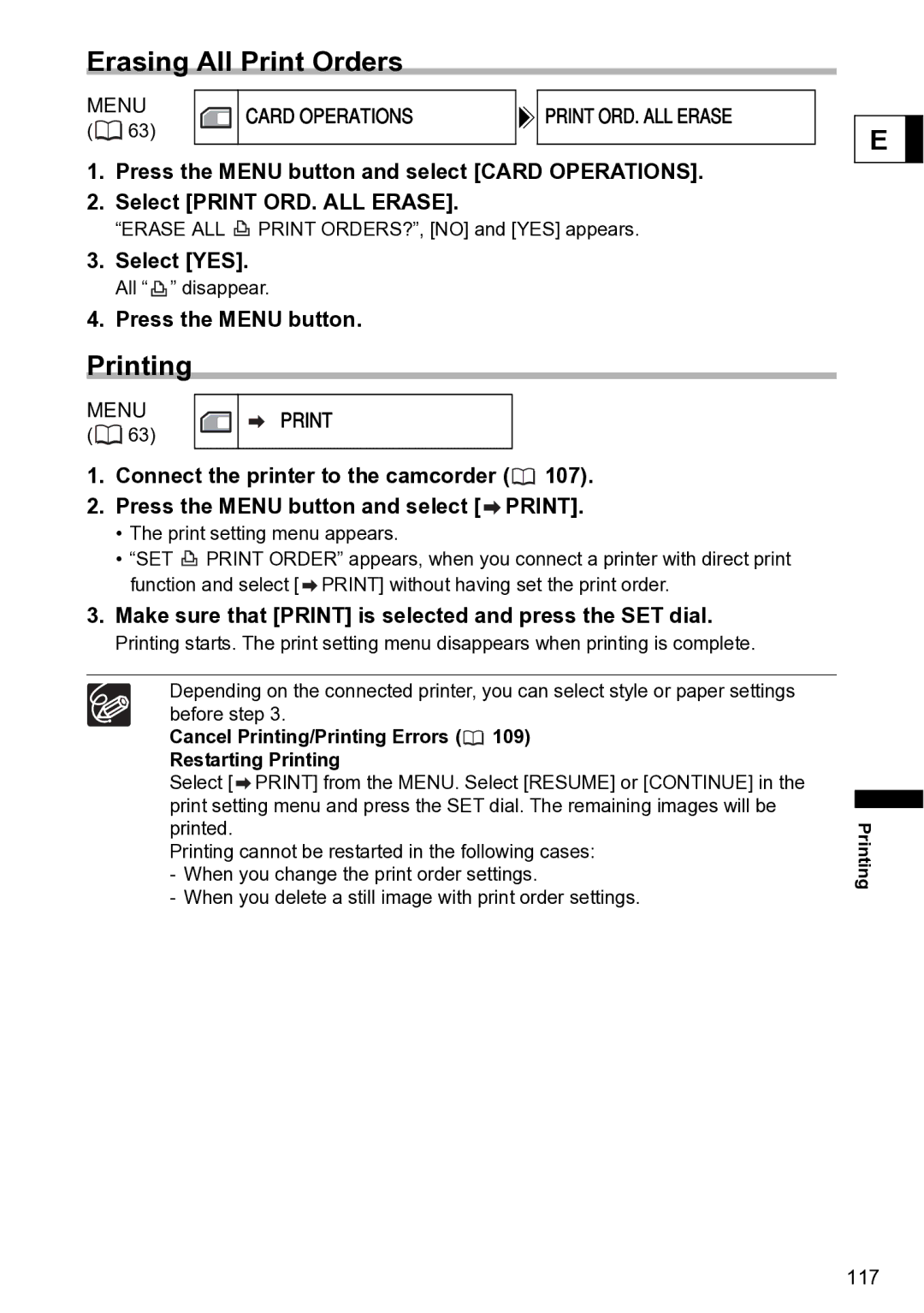 Canon S1 instruction manual Erasing All Print Orders, Printing, Menu Card Operations Print ORD. ALL Erase 