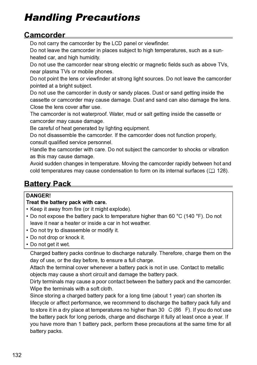 Canon S1 instruction manual HandlingDo’s & Don’tsPrecautions, Camcorder, Battery Pack, Treat the battery pack with care 