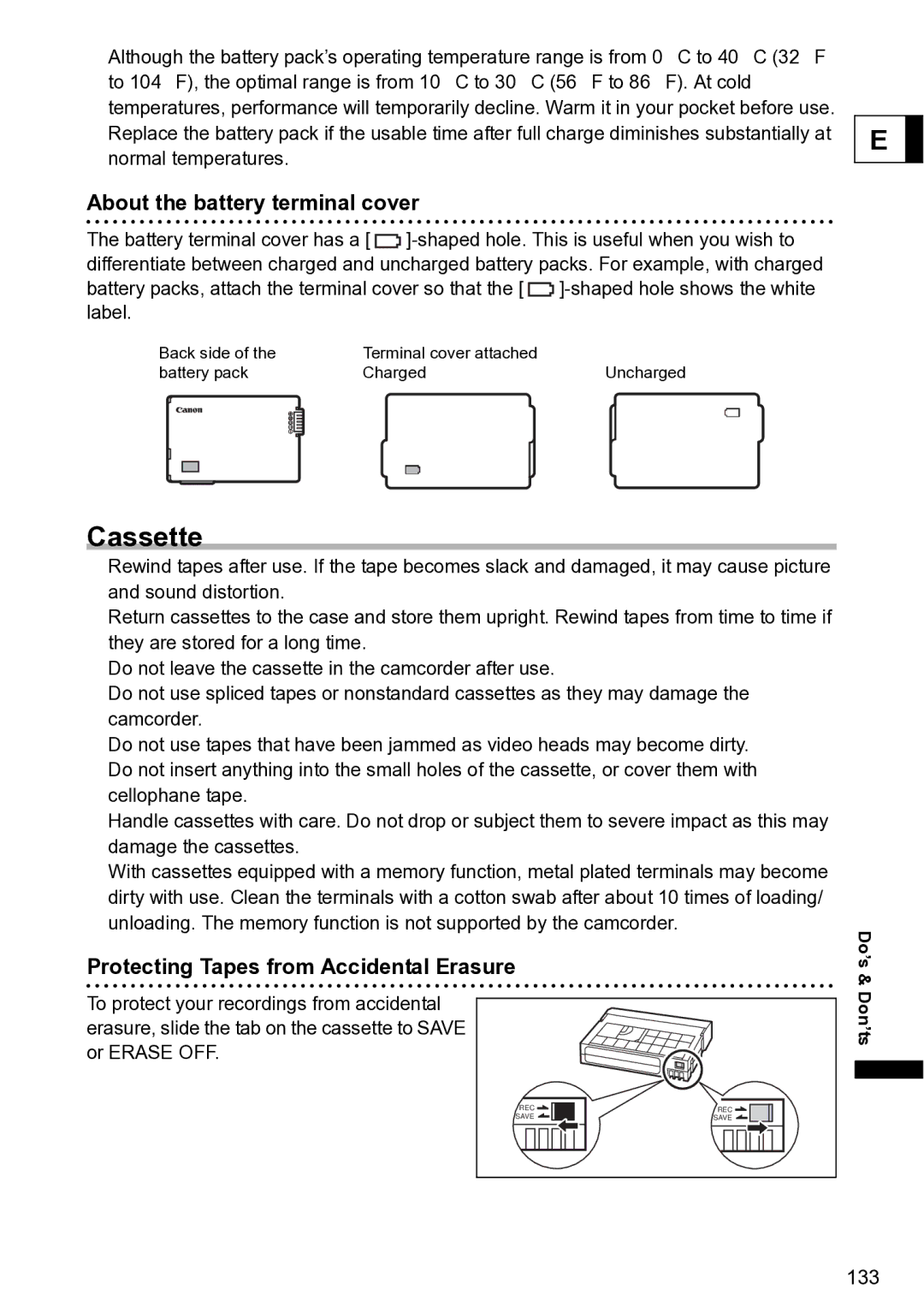 Canon S1 instruction manual Cassette, About the battery terminal cover, Protecting Tapes from Accidental Erasure 