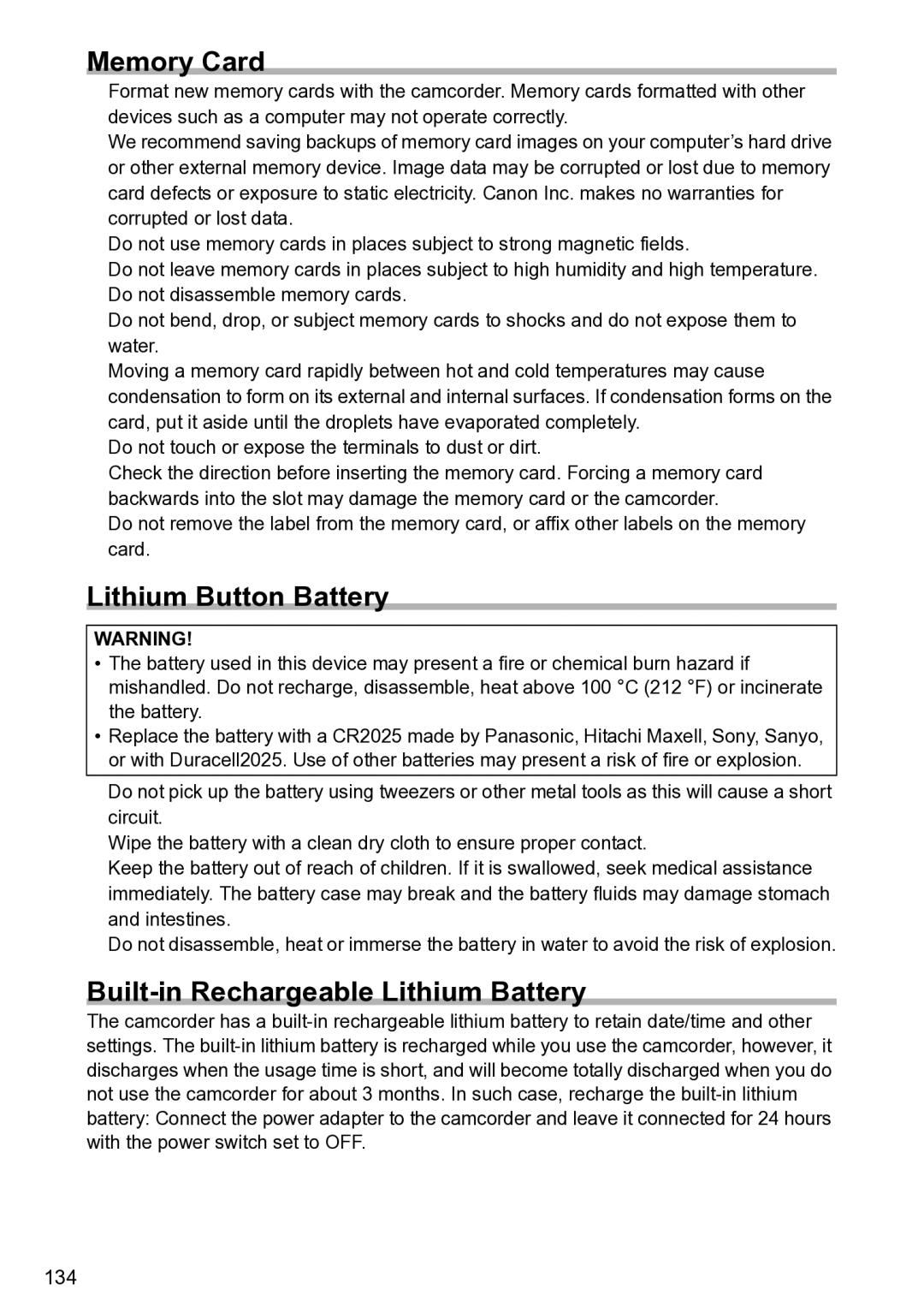 Canon S1 instruction manual Memory Card, Lithium Button Battery, Built-in Rechargeable Lithium Battery 