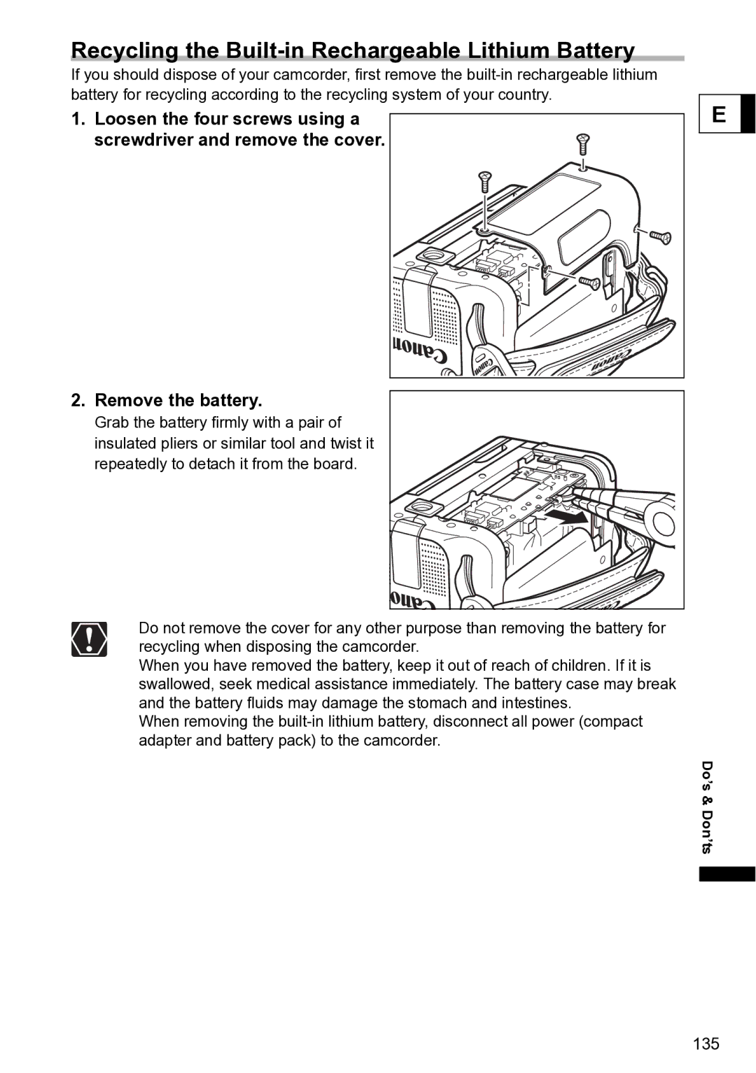 Canon S1 instruction manual Recycling the Built-in Rechargeable Lithium Battery, Remove the battery 