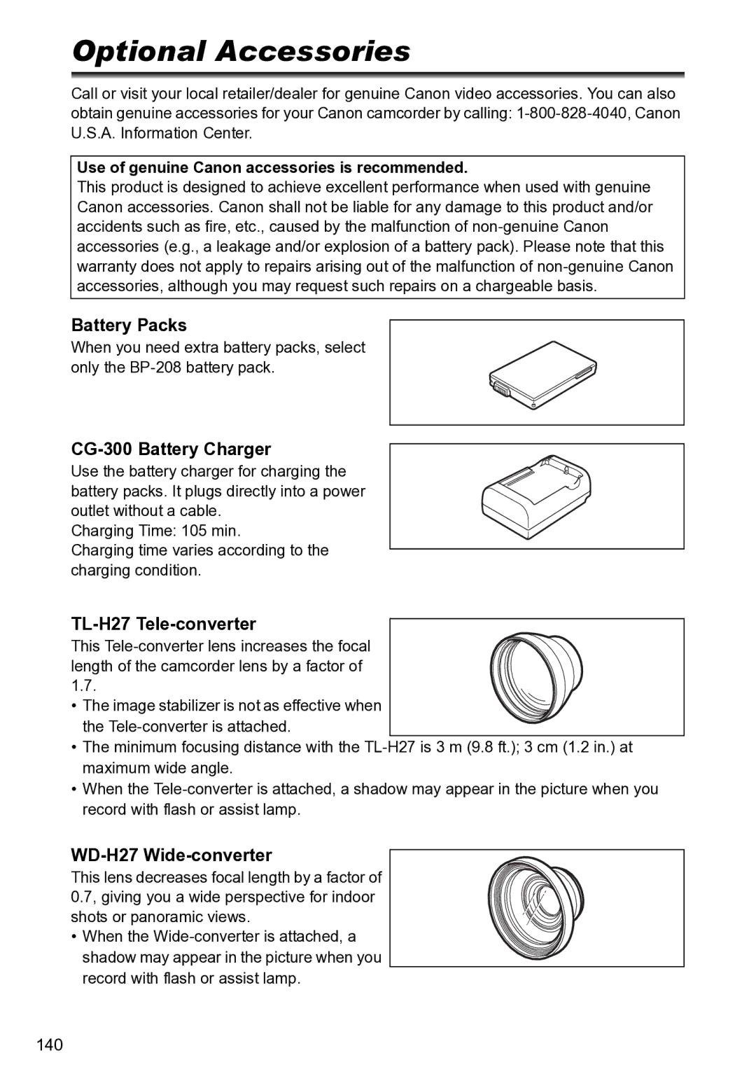 Canon S1 Optional Accessories, Battery Packs, CG-300 Battery Charger, TL-H27 Tele-converter, WD-H27 Wide-converter 