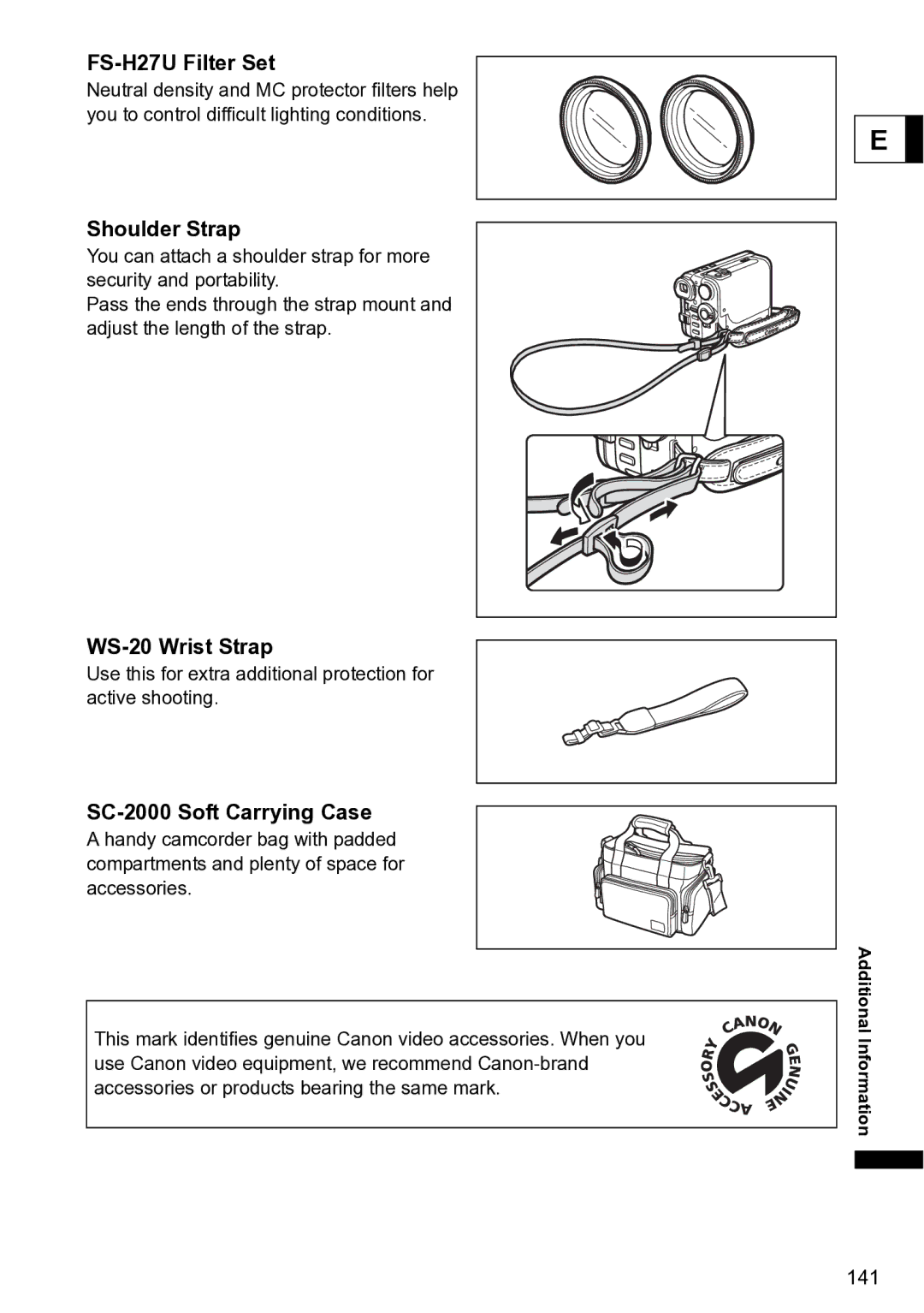 Canon S1 instruction manual FS-H27U Filter Set, Shoulder Strap, WS-20 Wrist Strap, SC-2000 Soft Carrying Case 