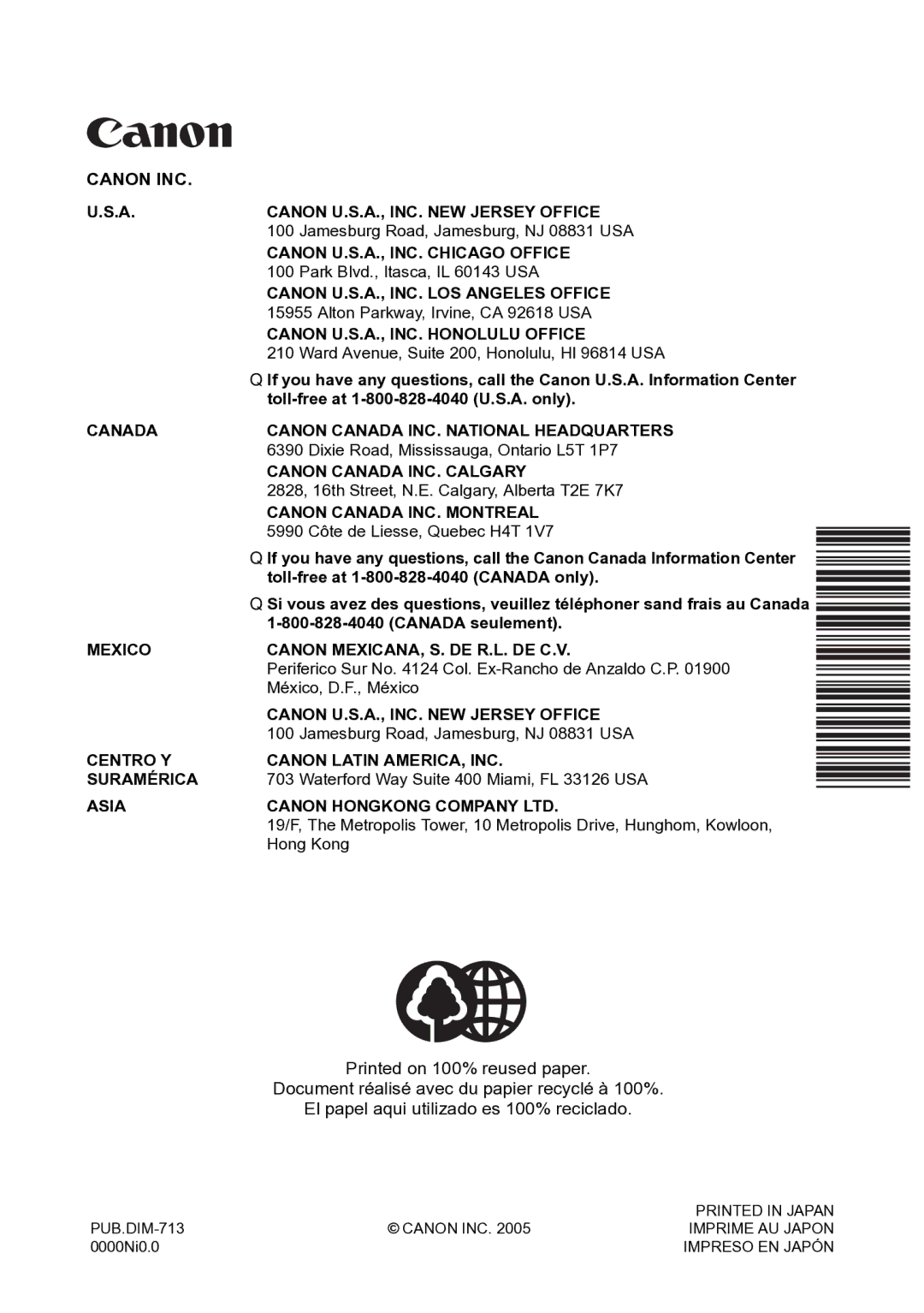 Canon S1 instruction manual Canon INC Canon U.S.A., INC. NEW Jersey Office 