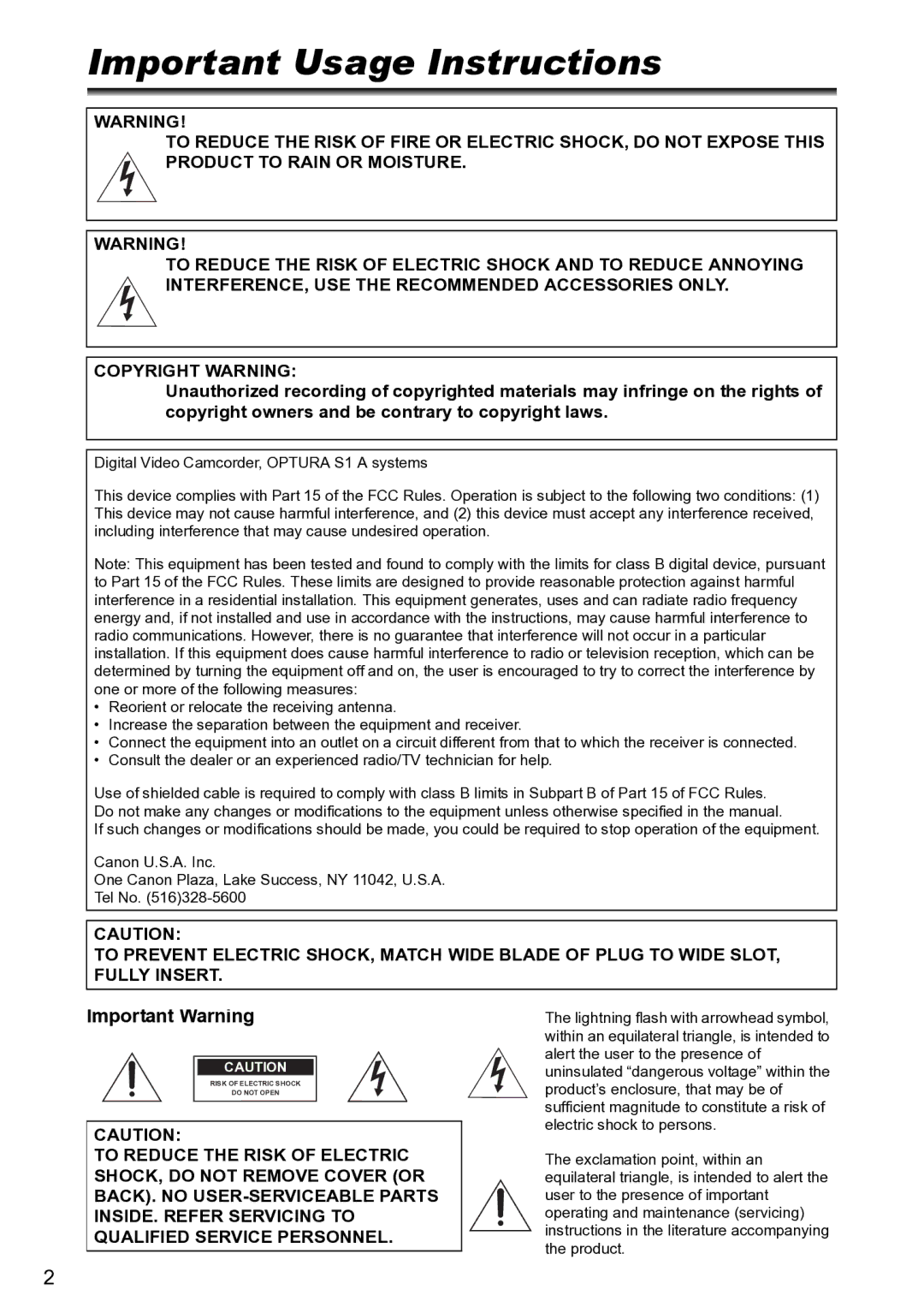 Canon S1 instruction manual ImportantntroductionUsage Instructions, Important Warning 