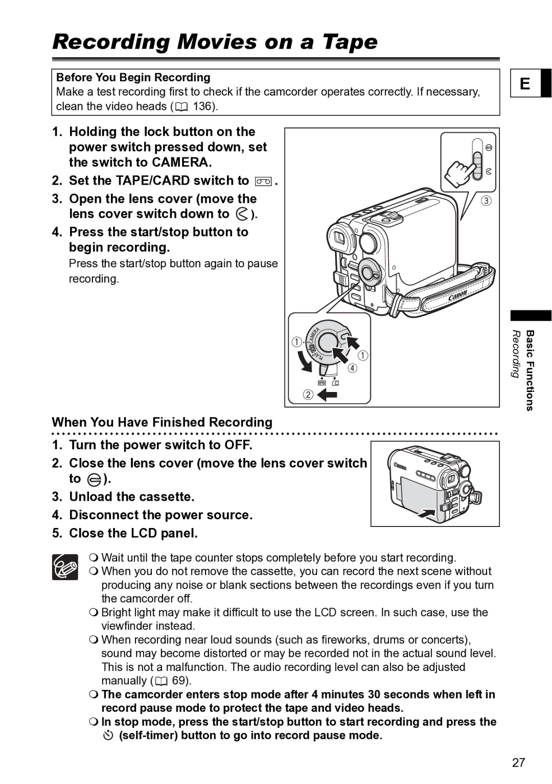 Canon S1 instruction manual RecordingBasic FunctionsMovies on a Tape, Press the start/stop button to begin recording 
