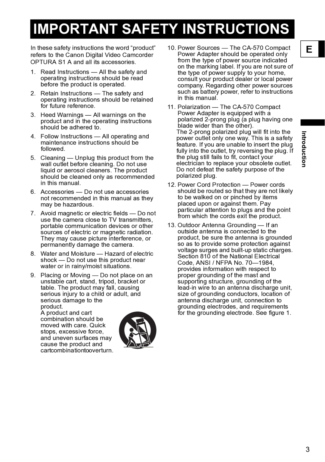 Canon S1 instruction manual Important Safety Instructions 