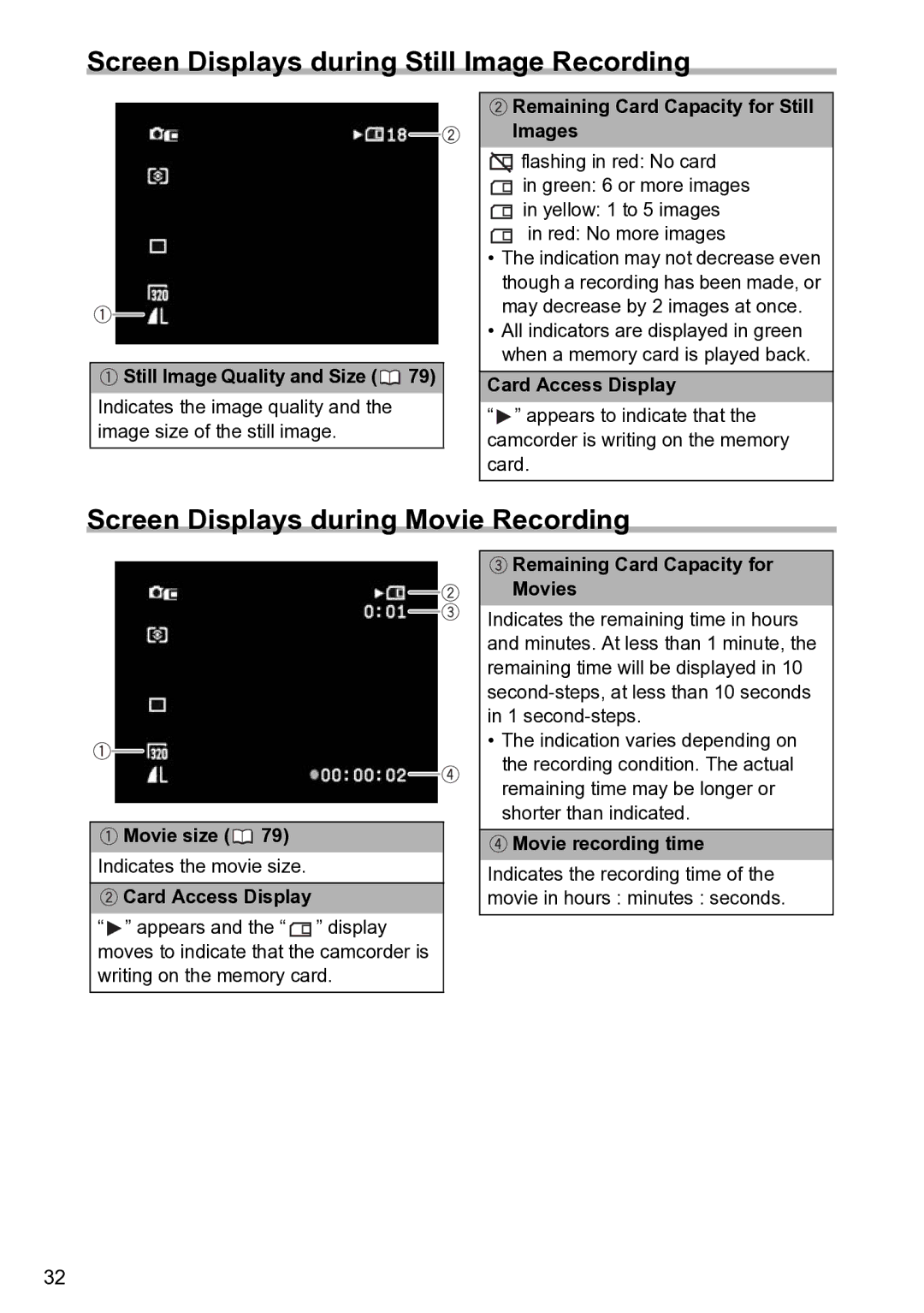 Canon S1 instruction manual Screen Displays during Still Image Recording, Screen Displays during Movie Recording 