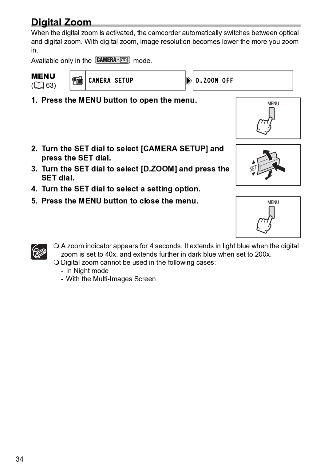 Canon S1 instruction manual Digital Zoom, Menu, Zoom OFF 