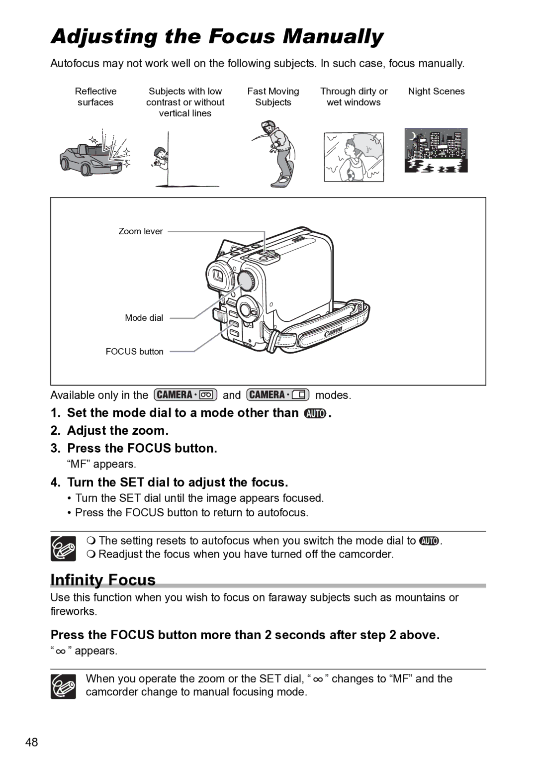 Canon S1 instruction manual Adjusting the Focus Manually, Infinity Focus, Turn the SET dial to adjust the focus 