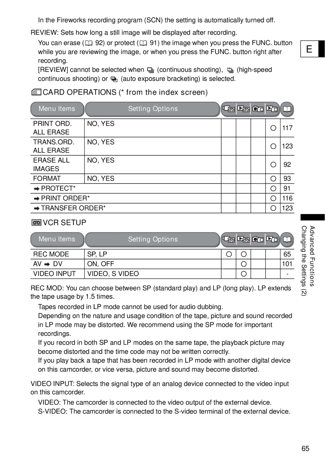 Canon S1 instruction manual Card Operations * from the index screen, VCR Setup 