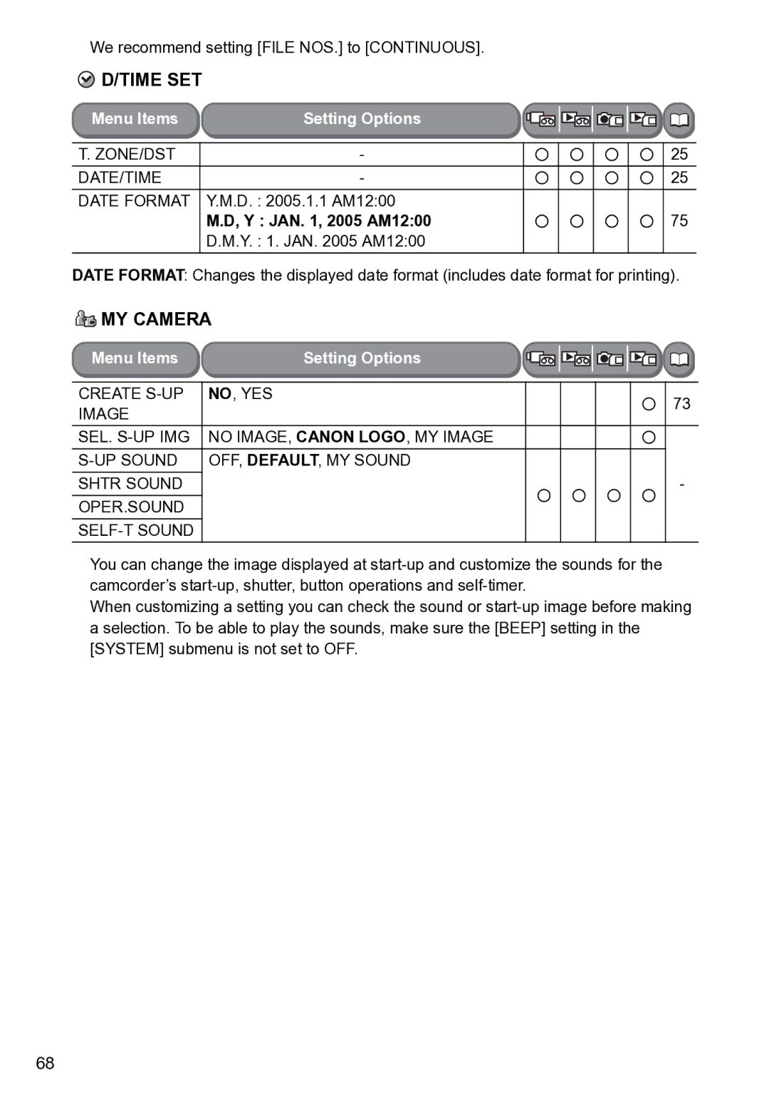 Canon S1 instruction manual MY Camera, ZONE/DST DATE/TIME Date Format 