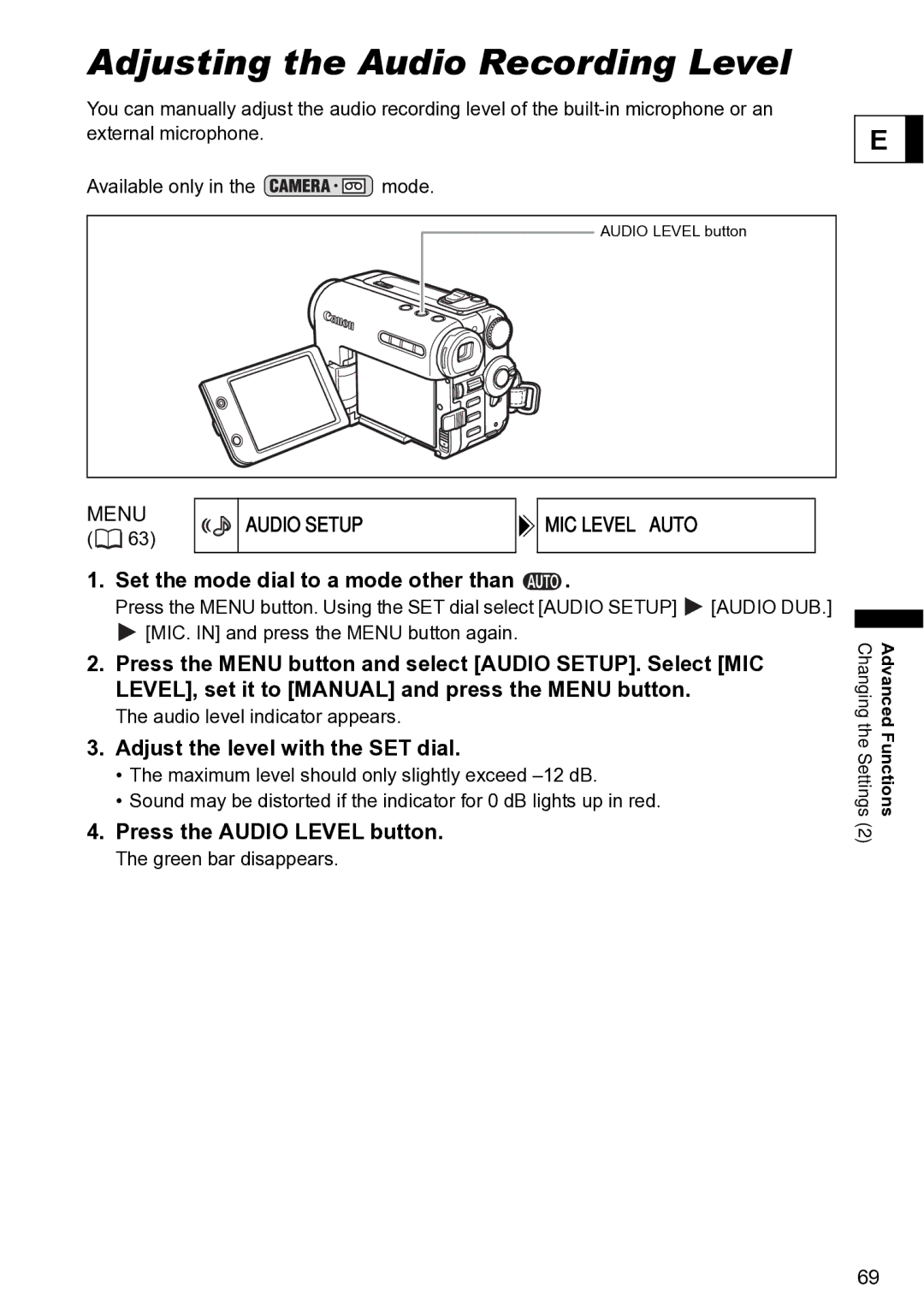 Canon S1 instruction manual Adjusting the Audio Recording Level, Menu Audio Setup, Adjust the level with the SET dial 