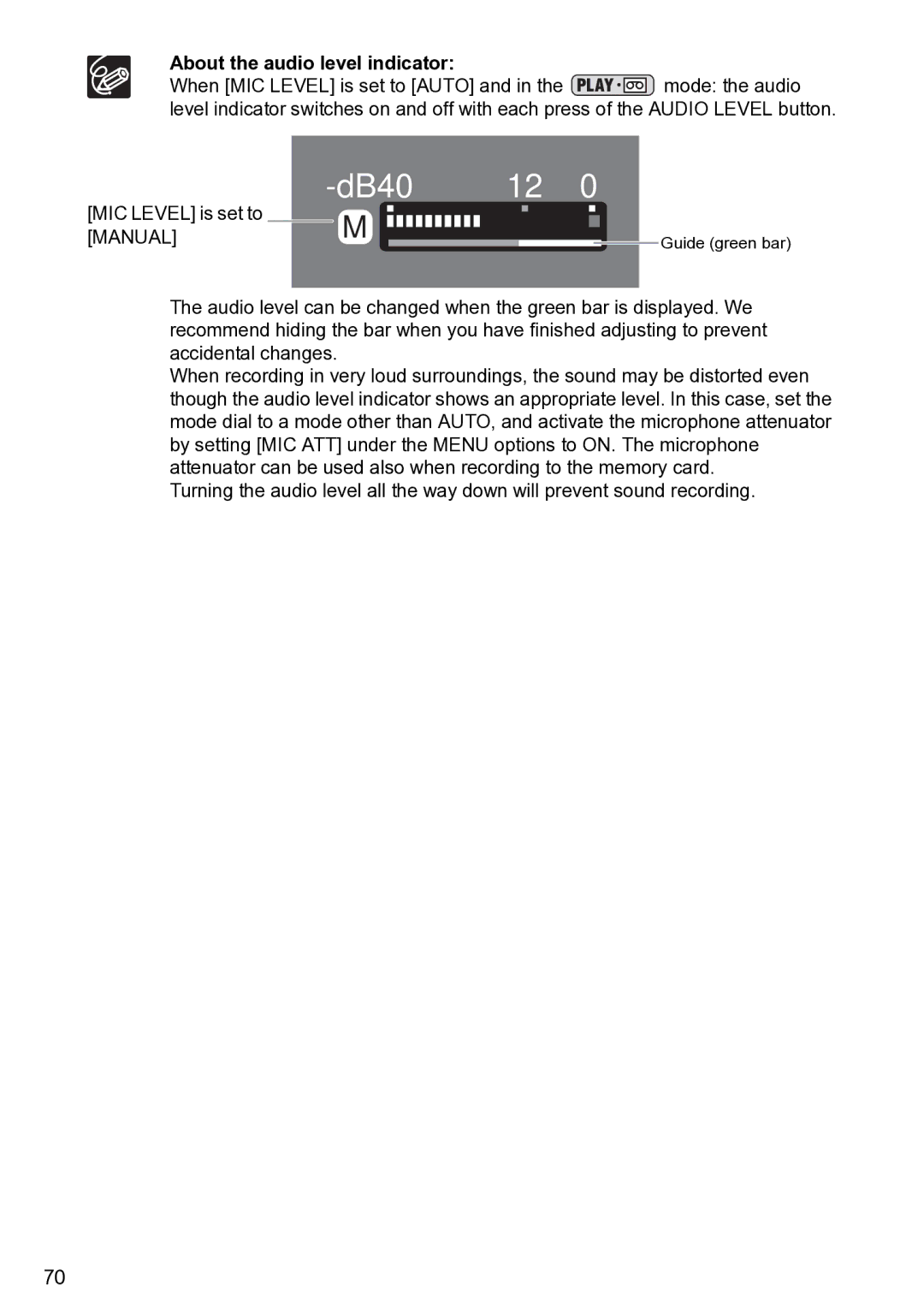 Canon S1 instruction manual DB40,  About the audio level indicator 