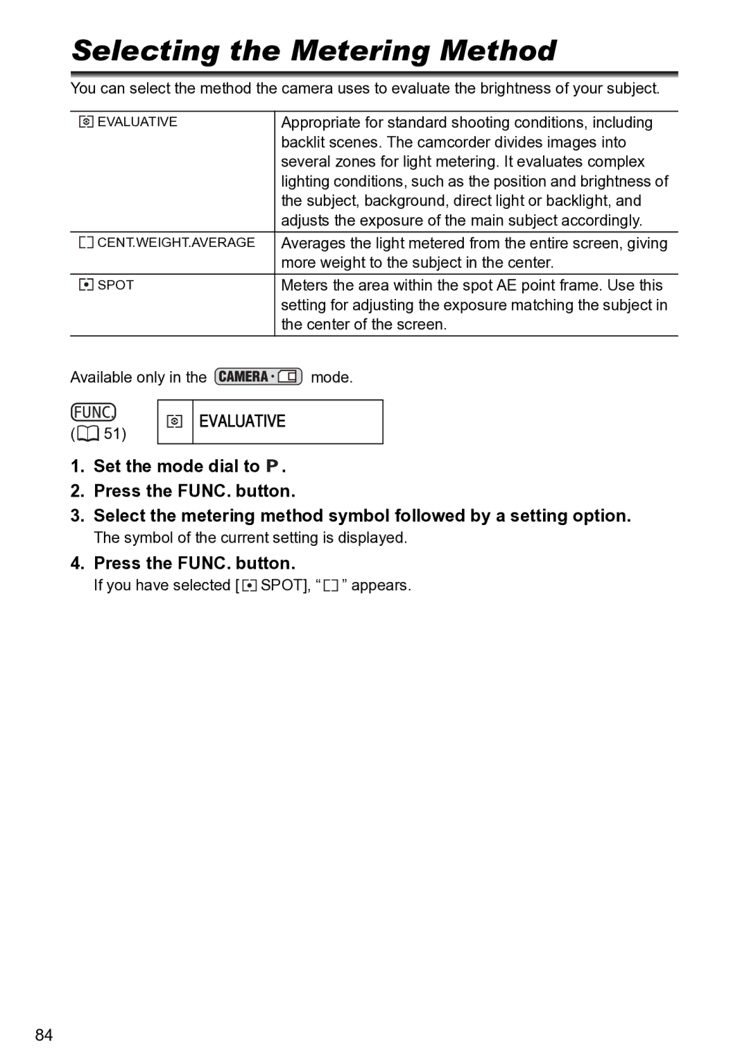 Canon S1 instruction manual Selecting the Metering Method, Evaluative 