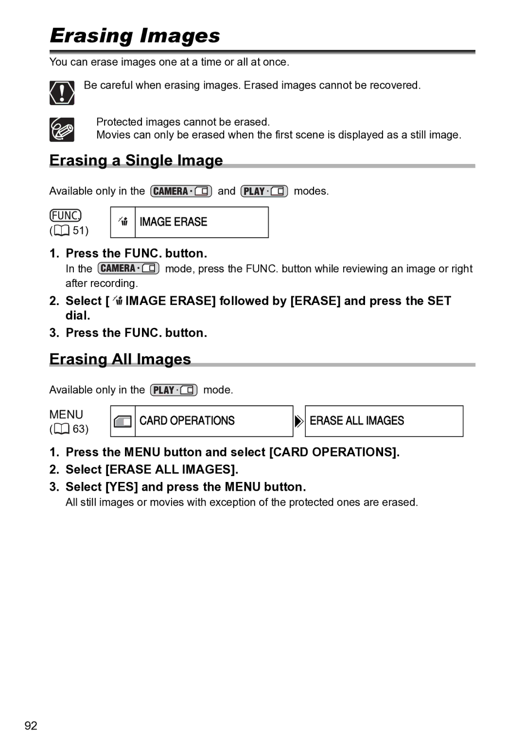 Canon S1 instruction manual Erasing Images, Erasing a Single Image, Erasing All Images, Image Erase, Erase ALL Images 